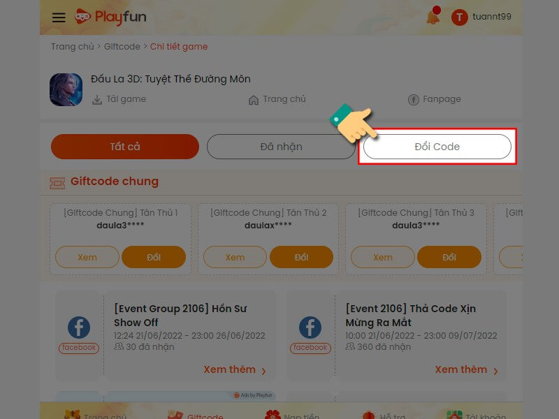 Cách nhận code đấu la 3d mới nhất bước 3