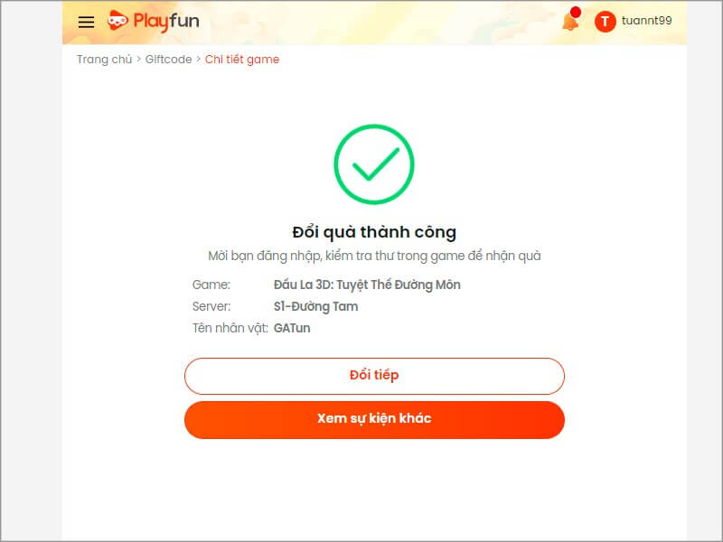 Cách nhận code đấu la 3d mới nhất bước nhận thưởng thành công