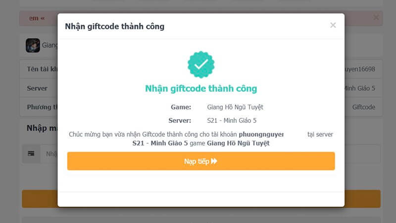 Cách nhập code Giang Hồ Ngũ Tuyệt mới nhất bước 4
