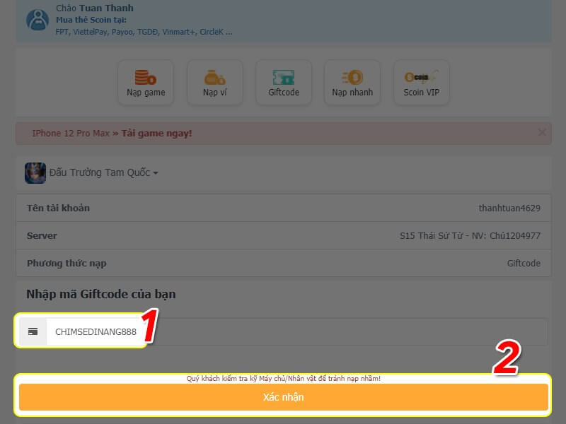 Code đấu trường tam quốc mới nhất bước 3