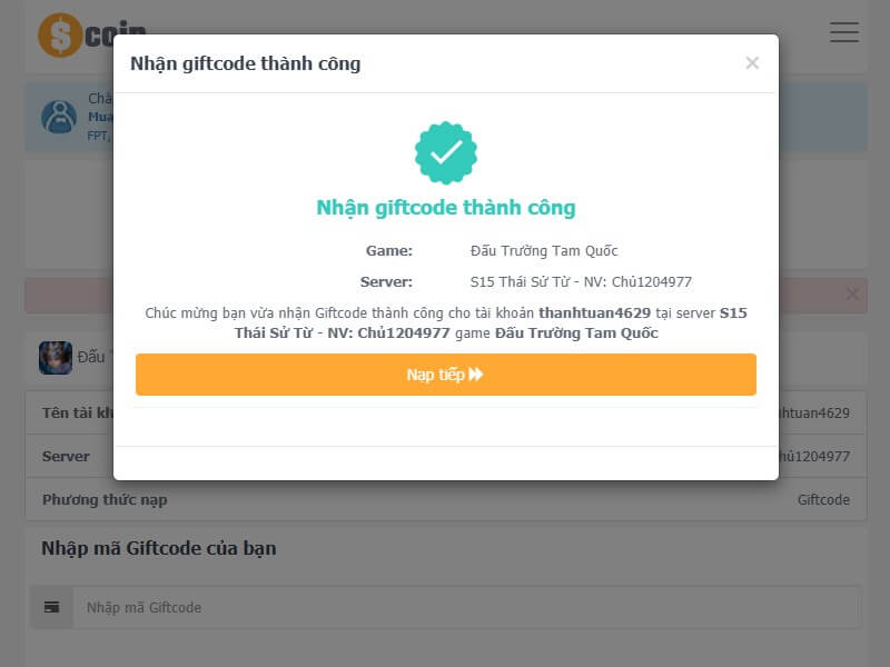 Code đấu trường tam quốc mới nhất bước nhận thưởng